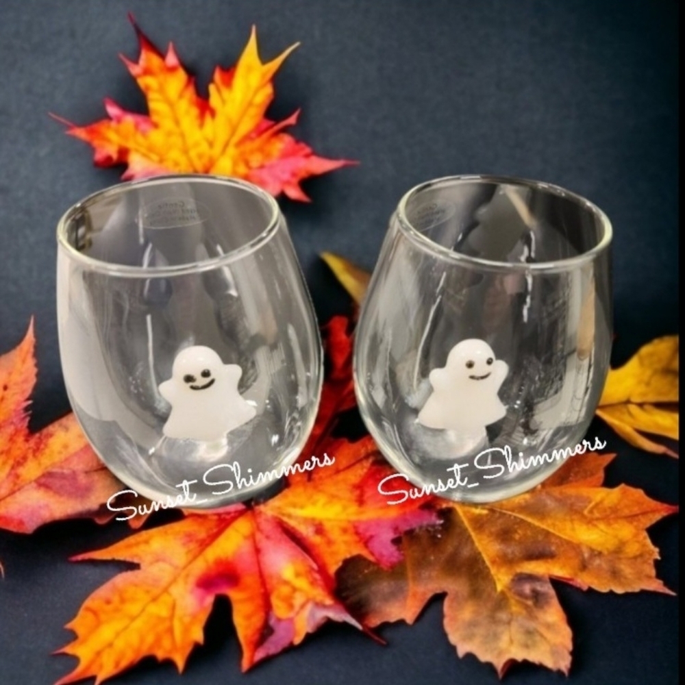 2 FLOATING GHOST Hand Blown 3D Whimsical HALLOWEEN Stemless WINE GLASSES NEW